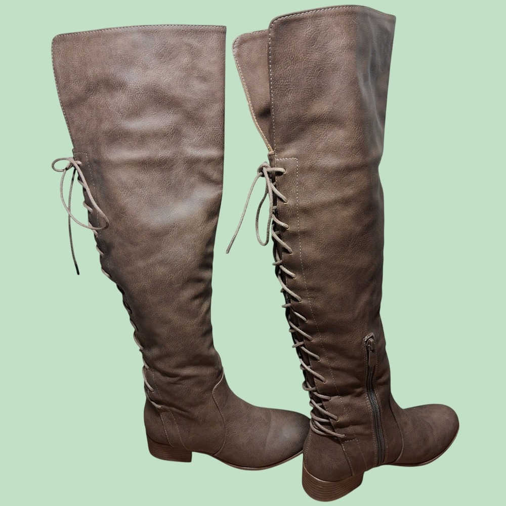 Brinley Co Womens Taupe Brown Over The Knee Lace Up Back Boots Size 6